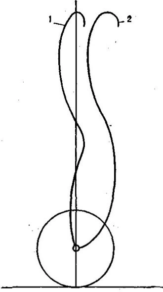 Diagram of two barbell paths in the snatch, one non-optimal and one that of Yu. Vardanyan